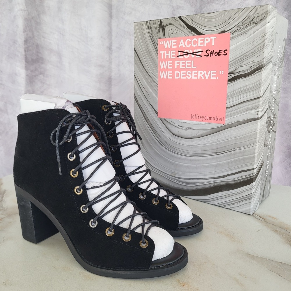 Jeffrey Campbell Cors Chunky Heel Lace Up Ankle Boots Black Suede